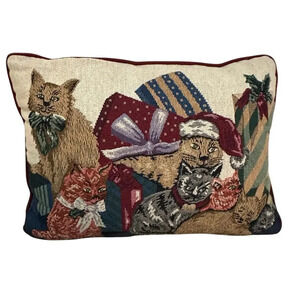 Vintage Christmas Cat Tapestry Pillow Rectangular Used 16 by 11 inches